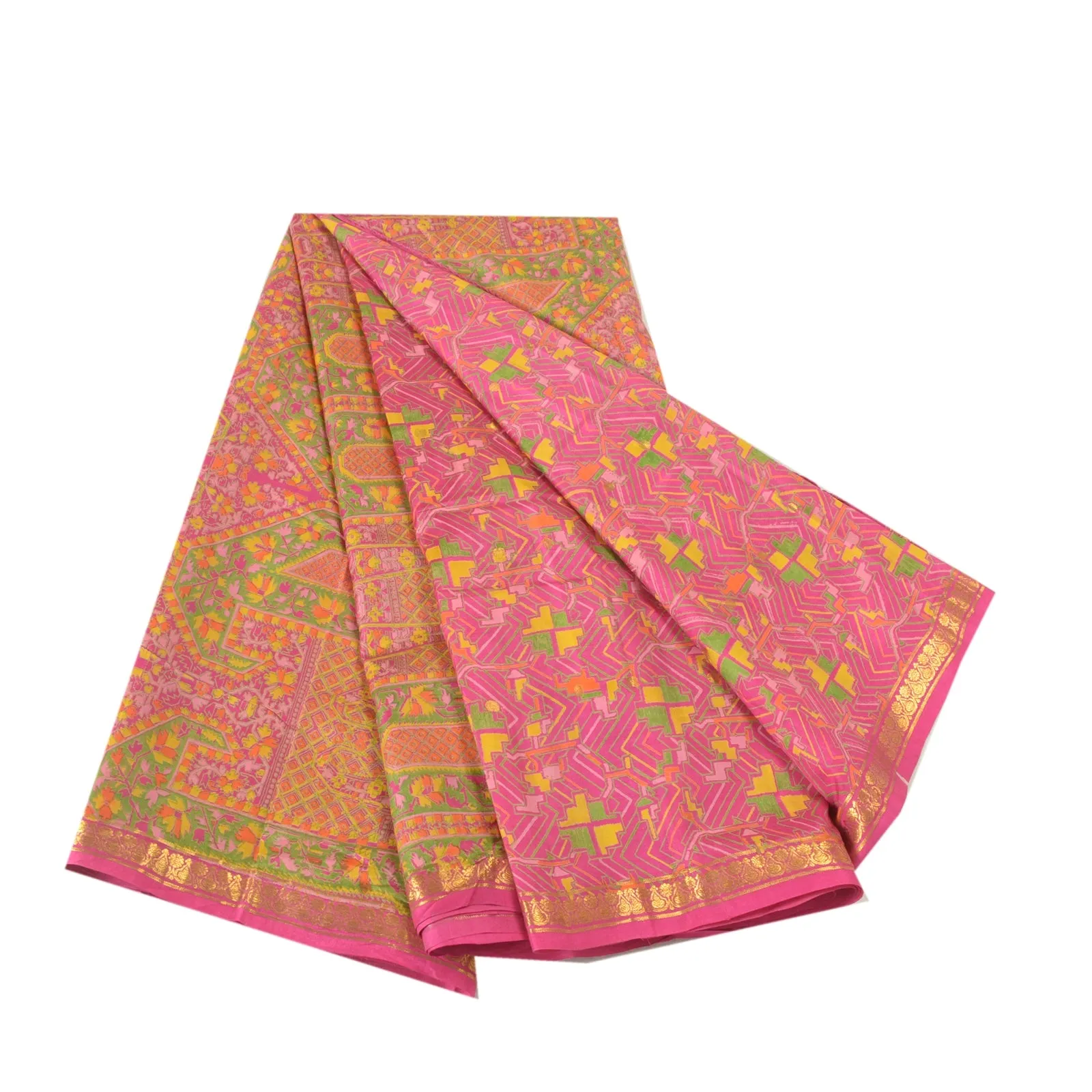 Sanskriti Vintage Sarees Pink Zari Border Printed Pure Silk Sari Craft Fabric