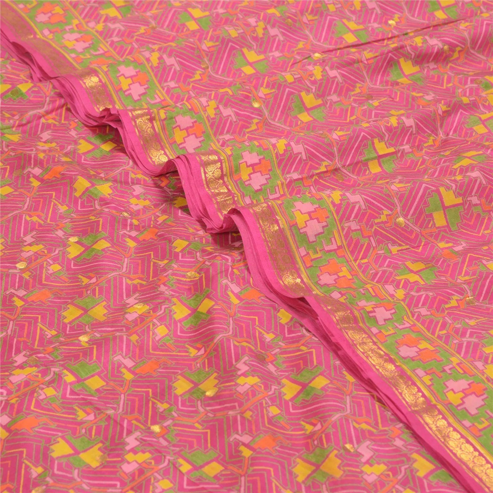 Sanskriti Vintage Sarees Pink Zari Border Printed Pure Silk Sari Craft Fabric