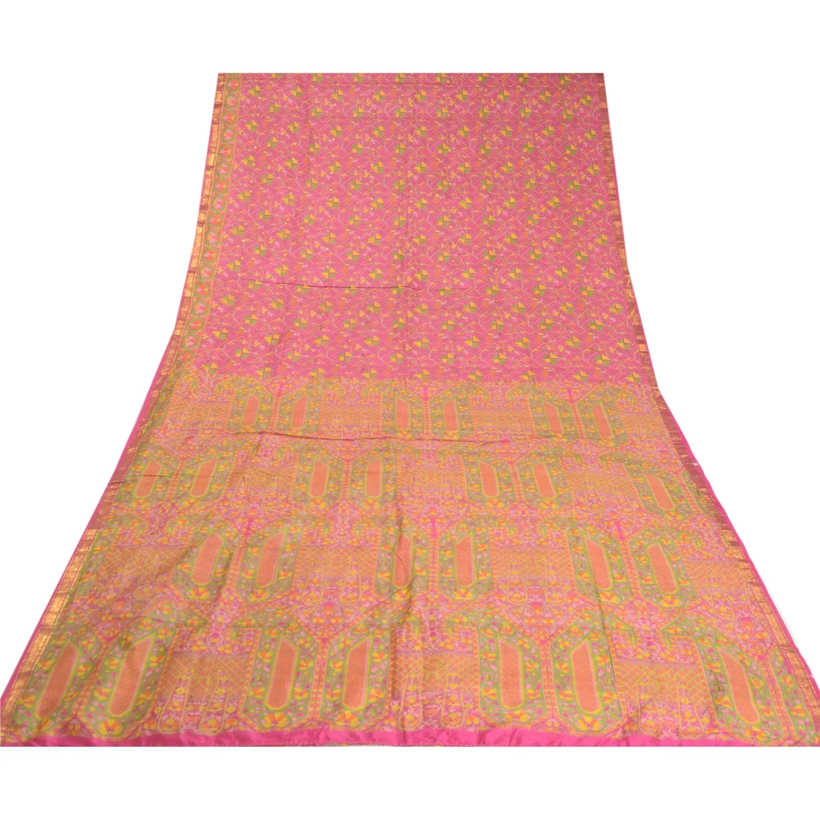 Sanskriti Vintage Sarees Pink Zari Border Printed Pure Silk Sari Craft Fabric