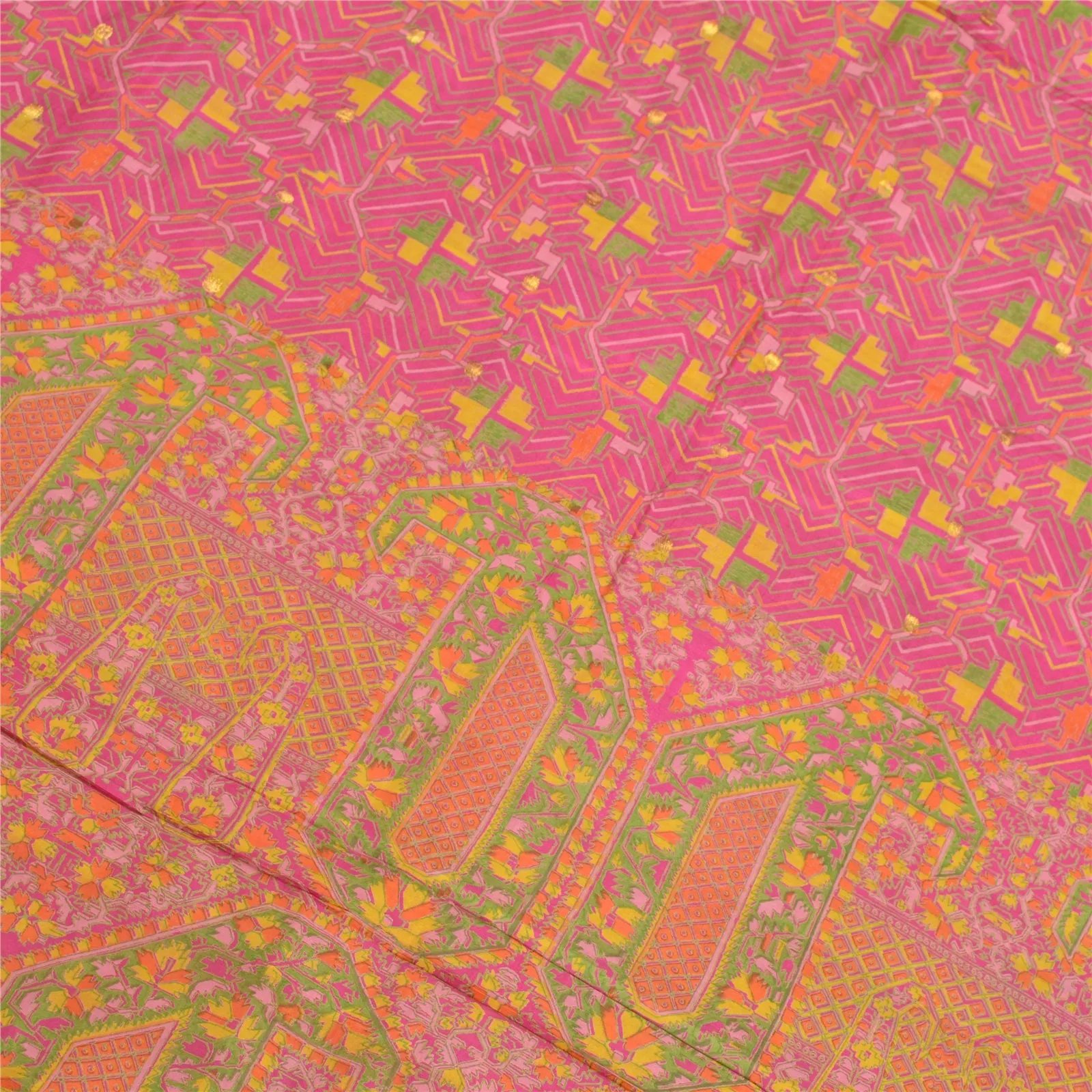 Sanskriti Vintage Sarees Pink Zari Border Printed Pure Silk Sari Craft Fabric