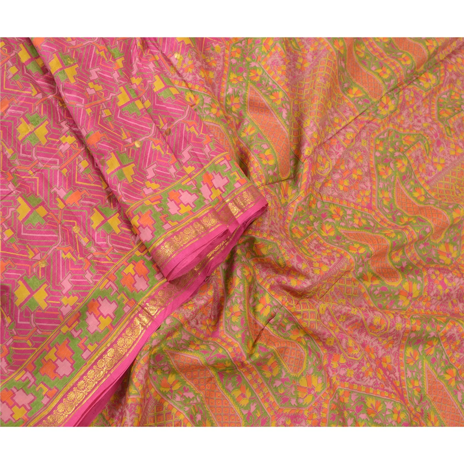 Sanskriti Vintage Sarees Pink Zari Border Printed Pure Silk Sari Craft Fabric