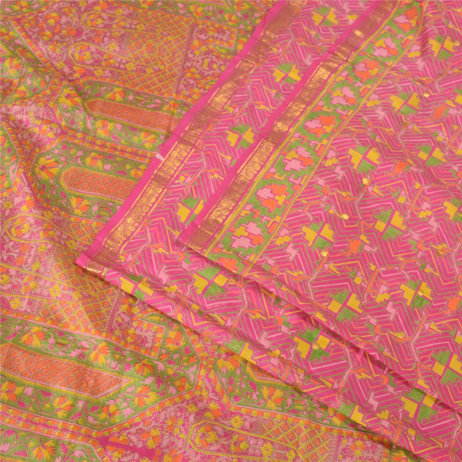 Sanskriti Vintage Sarees Pink Zari Border Printed Pure Silk Sari Craft Fabric