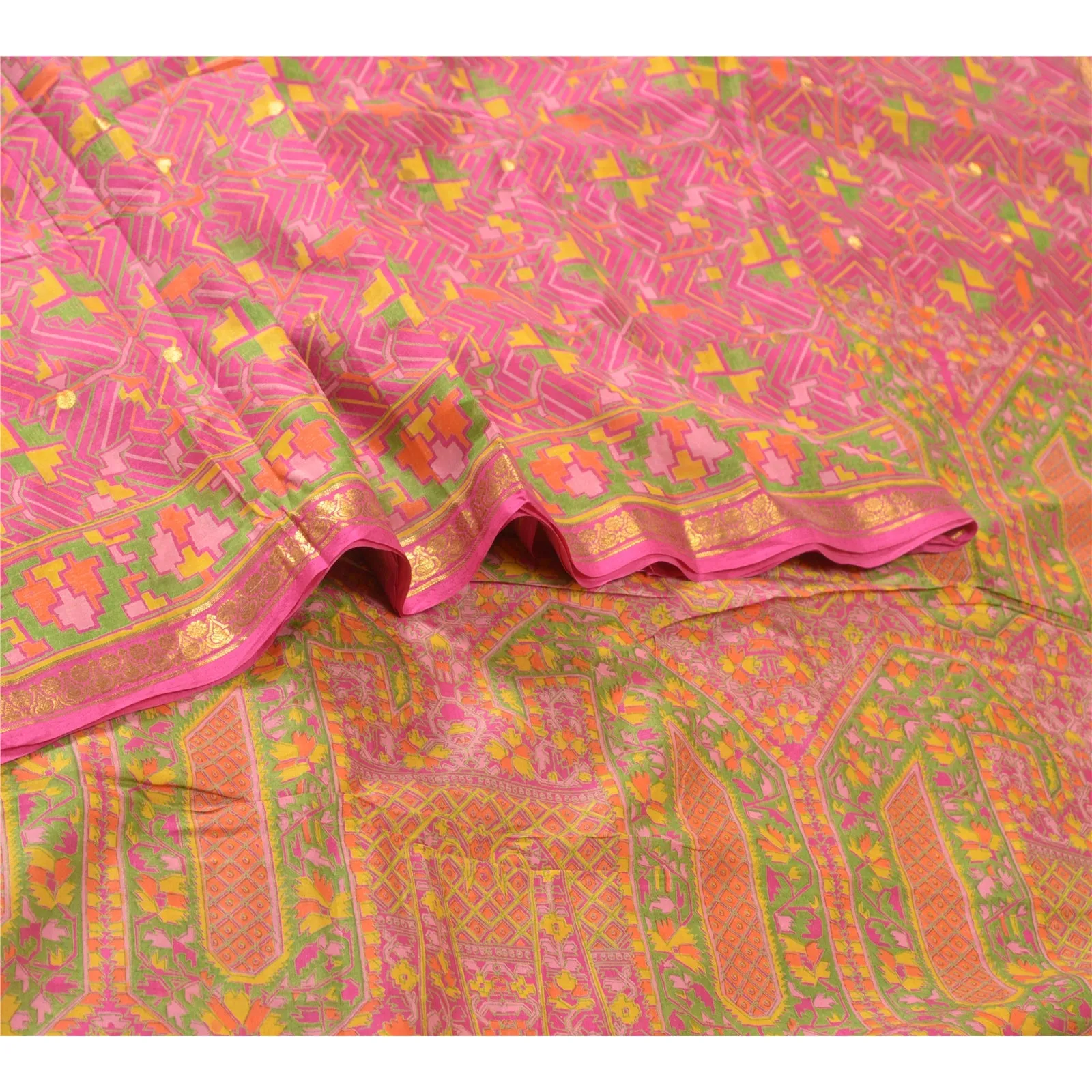 Sanskriti Vintage Sarees Pink Zari Border Printed Pure Silk Sari Craft Fabric