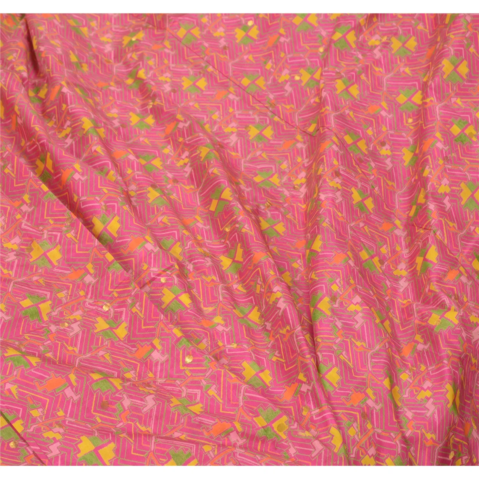 Sanskriti Vintage Sarees Pink Zari Border Printed Pure Silk Sari Craft Fabric