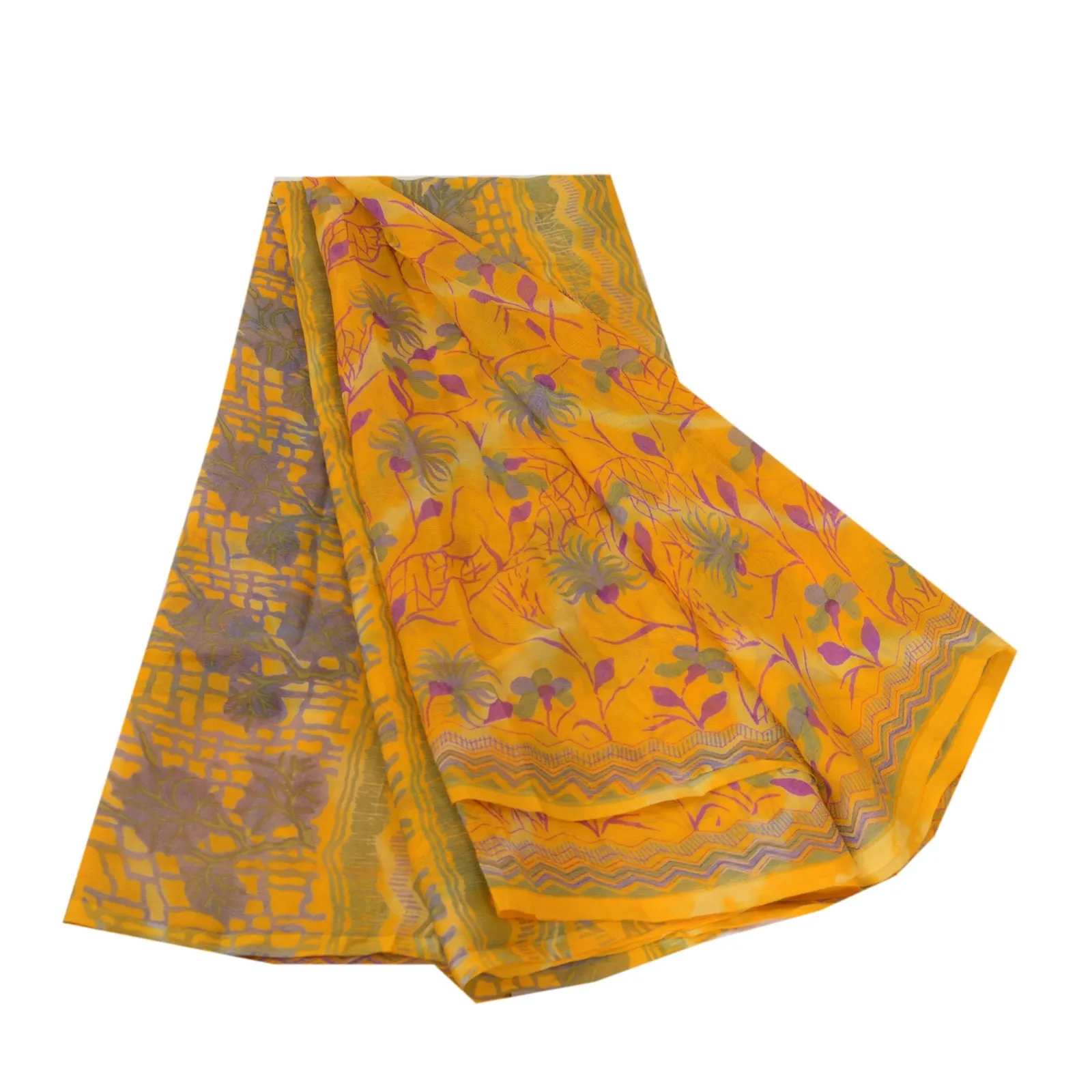 Sanskriti Vintage Sarees Yellow Pure Chiffon Silk Printed Sari 5yd Craft Fabric