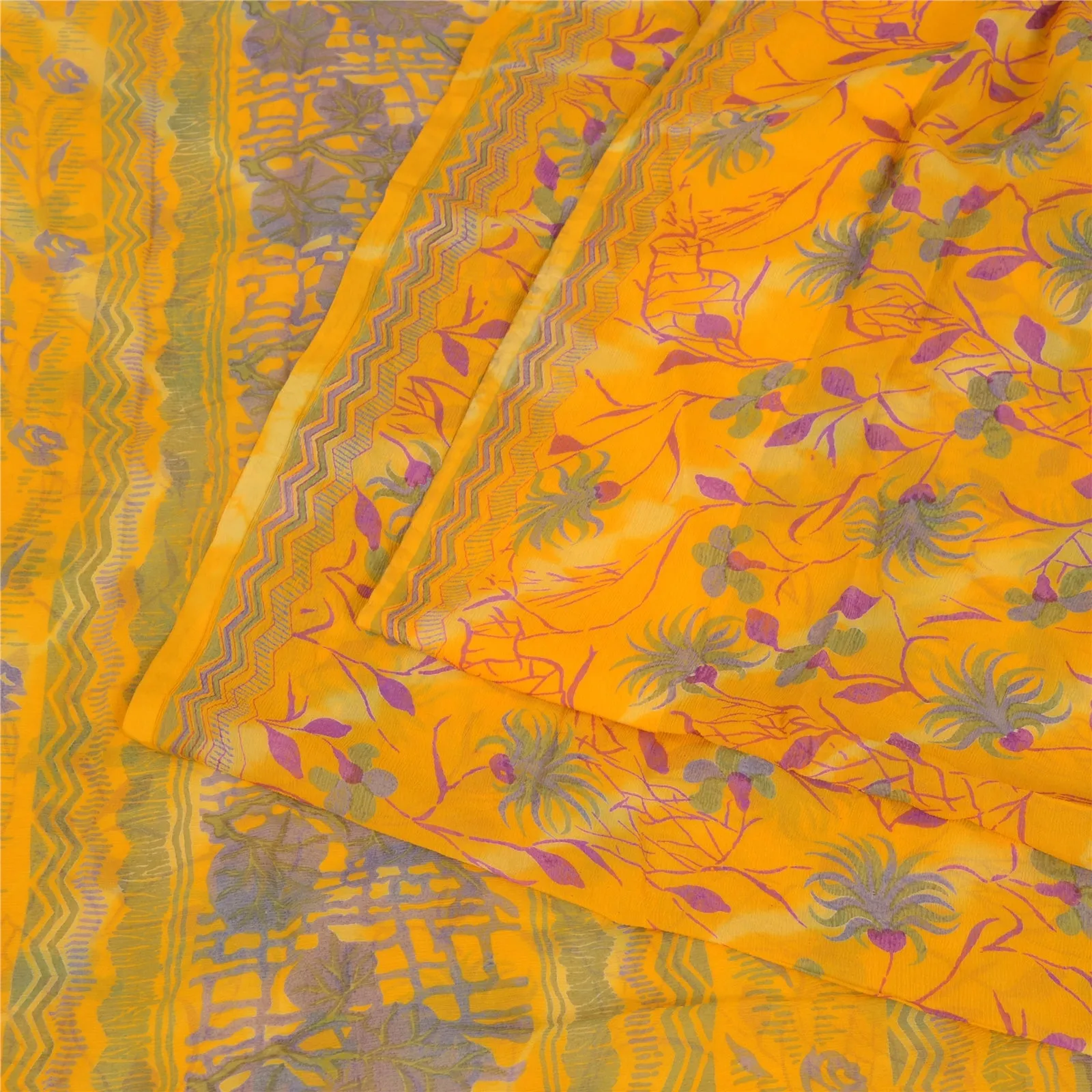 Sanskriti Vintage Sarees Yellow Pure Chiffon Silk Printed Sari 5yd Craft Fabric