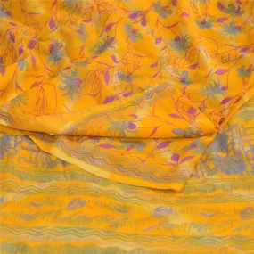 Sanskriti Vintage Sarees Yellow Pure Chiffon Silk Printed Sari 5yd Craft Fabric