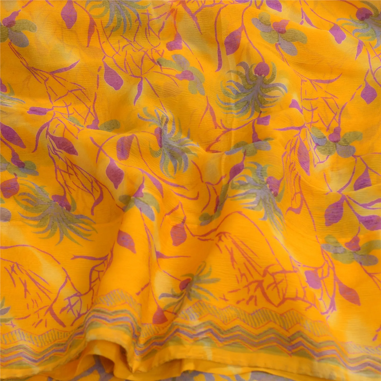 Sanskriti Vintage Sarees Yellow Pure Chiffon Silk Printed Sari 5yd Craft Fabric