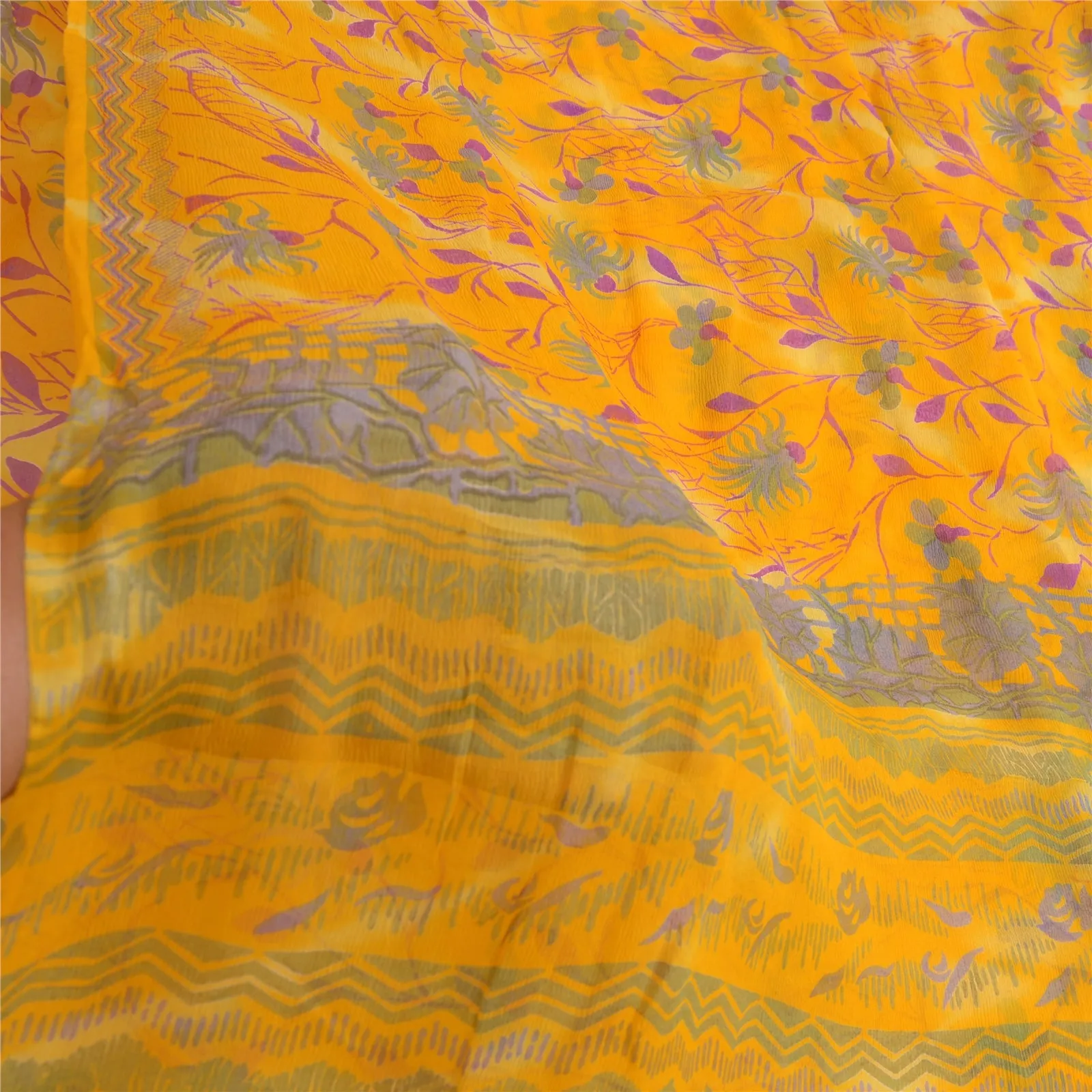 Sanskriti Vintage Sarees Yellow Pure Chiffon Silk Printed Sari 5yd Craft Fabric