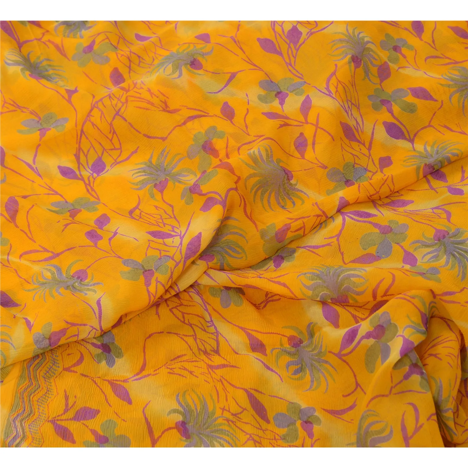 Sanskriti Vintage Sarees Yellow Pure Chiffon Silk Printed Sari 5yd Craft Fabric