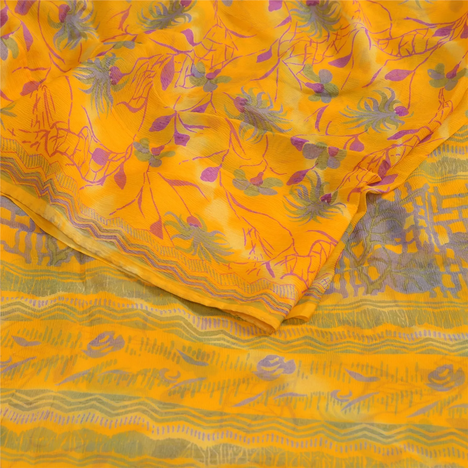 Sanskriti Vintage Sarees Yellow Pure Chiffon Silk Printed Sari 5yd Craft Fabric