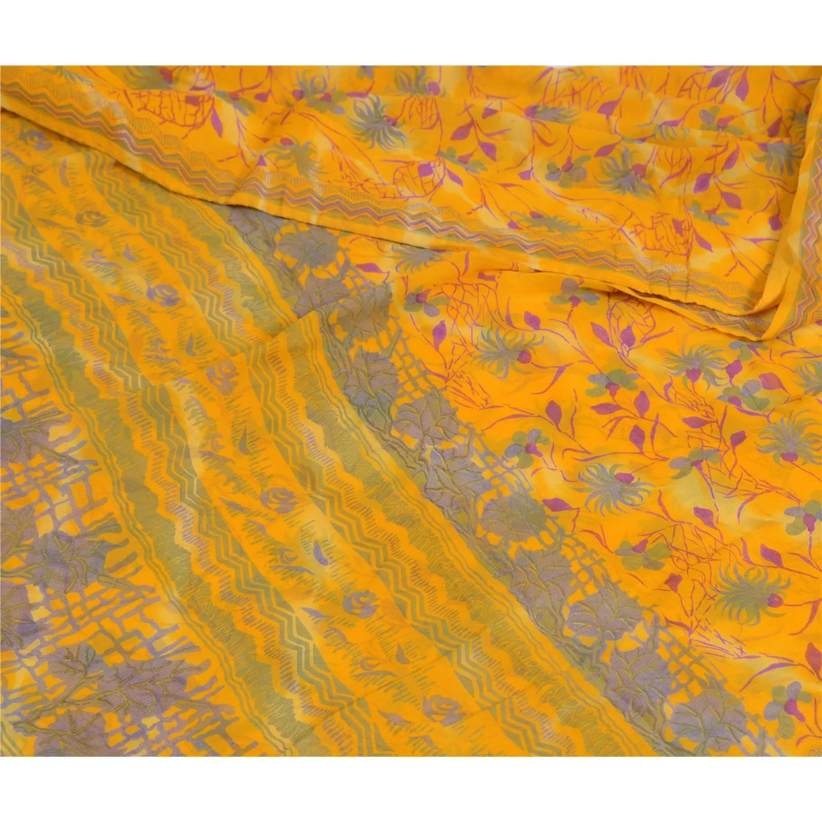 Sanskriti Vintage Sarees Yellow Pure Chiffon Silk Printed Sari 5yd Craft Fabric