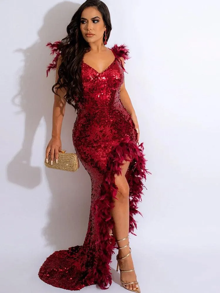 Sequined Feather Details High Split Maxi Dress