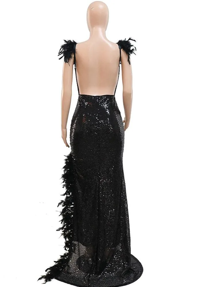 Sequined Feather Details High Split Maxi Dress