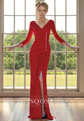 Sheath V Neck 3/4 Sleeves Red Long Cocktail Dress for Wedding Mother of the Bride Dress