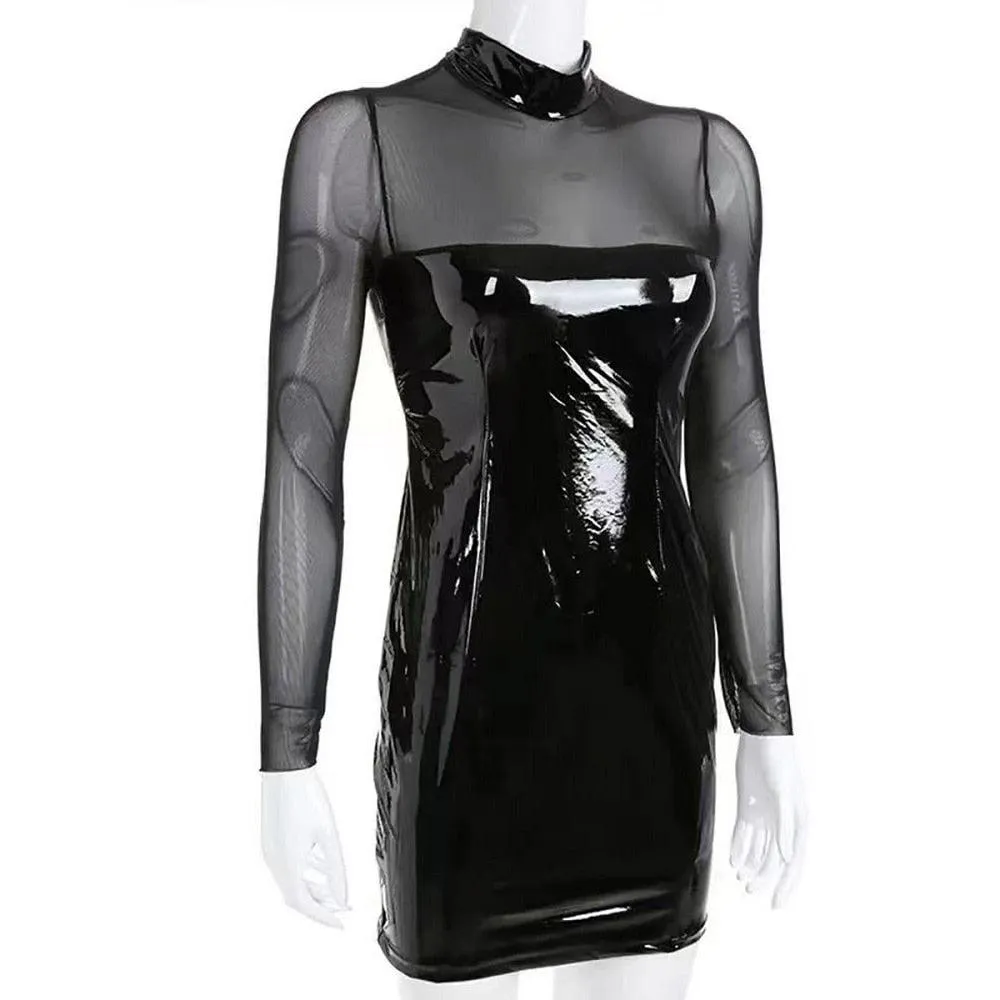 Shiny Leather Sheath Bag Hip Dress See Through Bodycon Stitching With Transparent Mesh