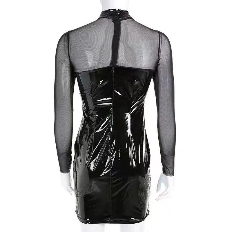 Shiny Leather Sheath Bag Hip Dress See Through Bodycon Stitching With Transparent Mesh