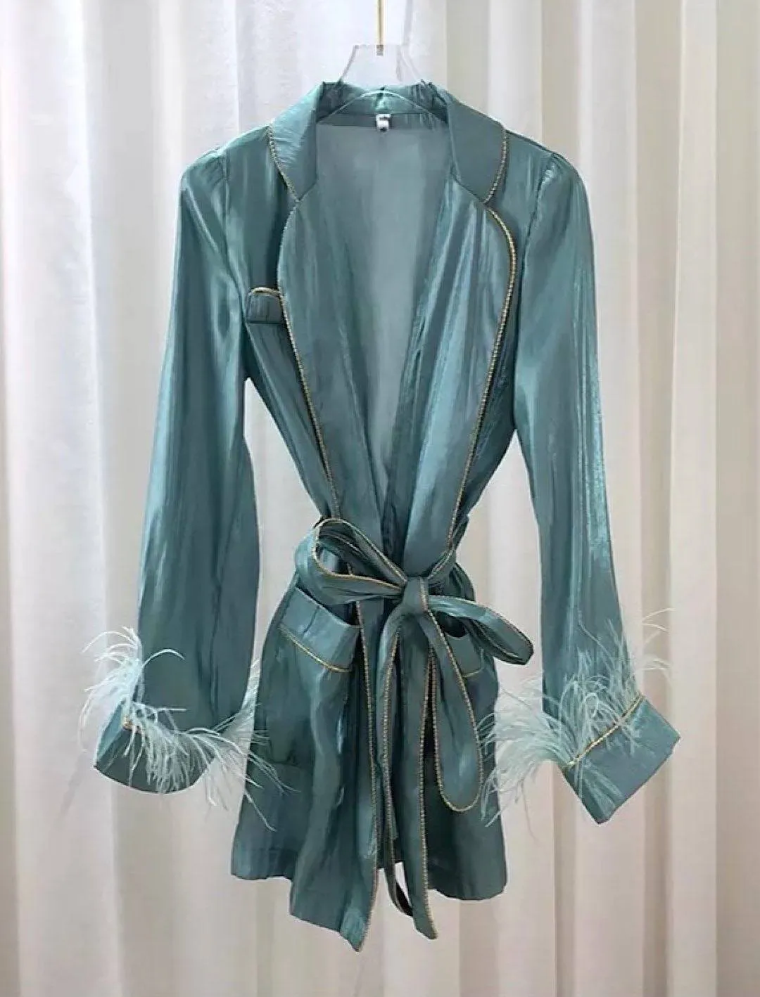 Silky Soft Feather Sleeve Short Duster In Blue