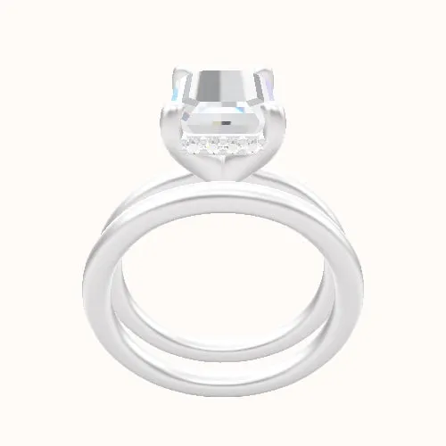 Solitaire Engagement Ring With V Prong with Hidden Halo Head and Matching Band