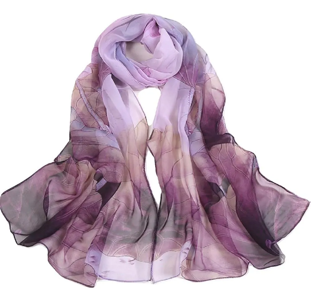 Stylish Lotus Printing Long Soft Wrap Scarves Women's Shawl Purple Scarf