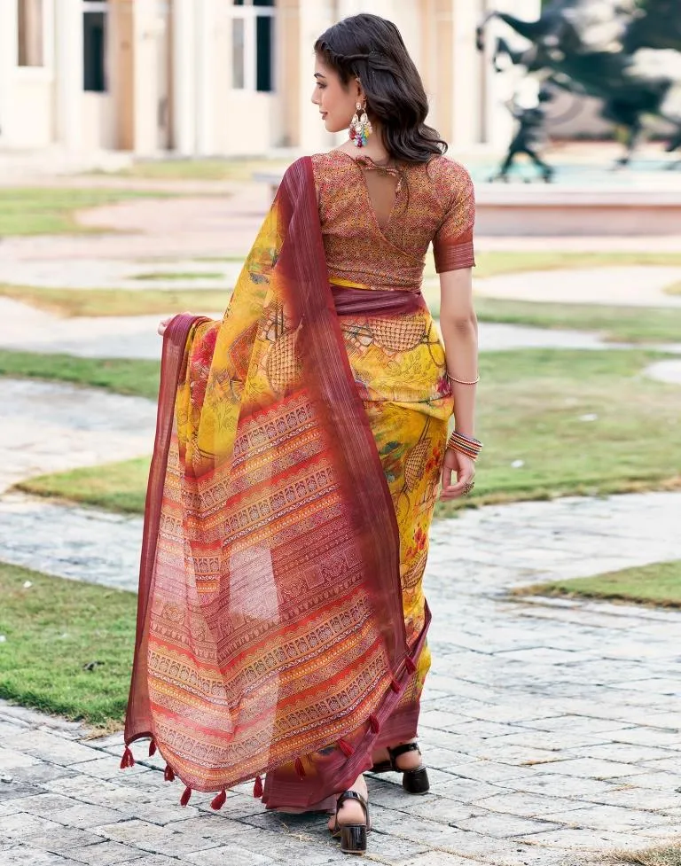 Turmeric Yellow Linen Printed Sarees