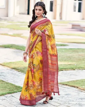 Turmeric Yellow Linen Printed Sarees