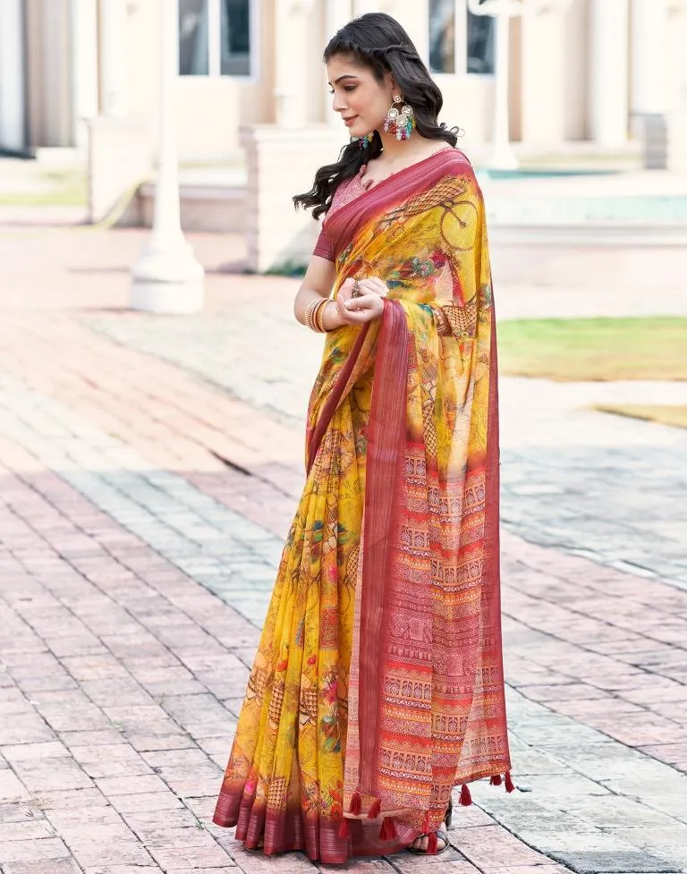 Turmeric Yellow Linen Printed Sarees