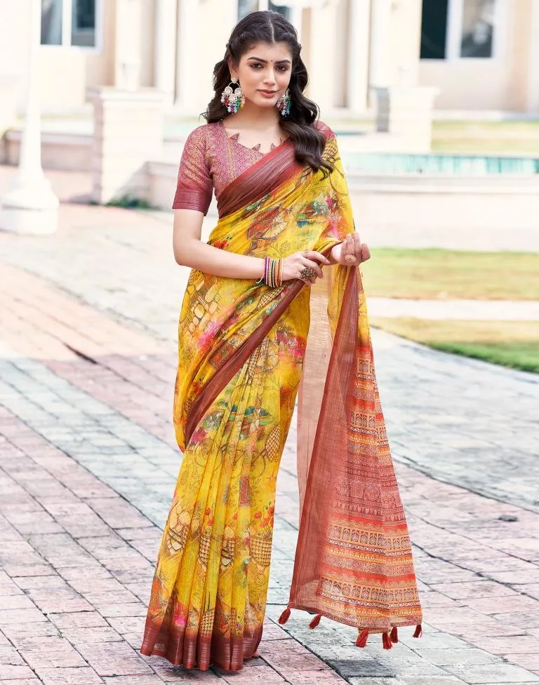 Turmeric Yellow Linen Printed Sarees