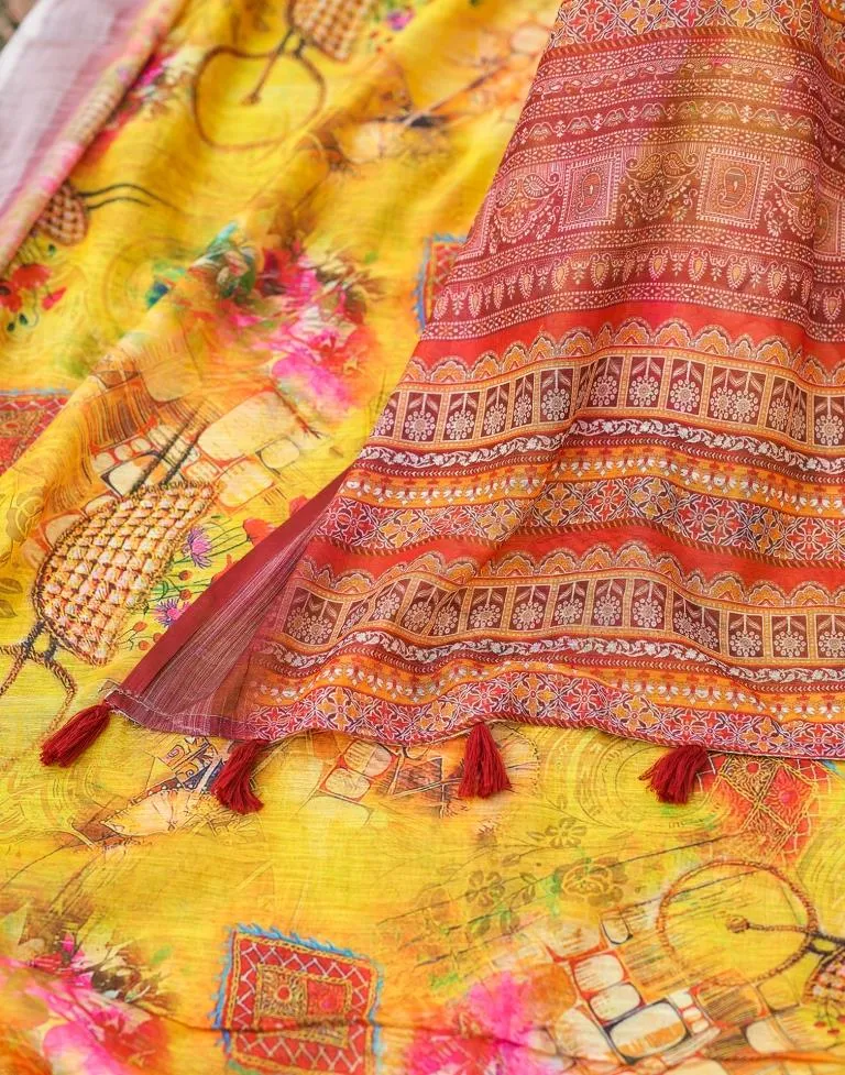 Turmeric Yellow Linen Printed Sarees