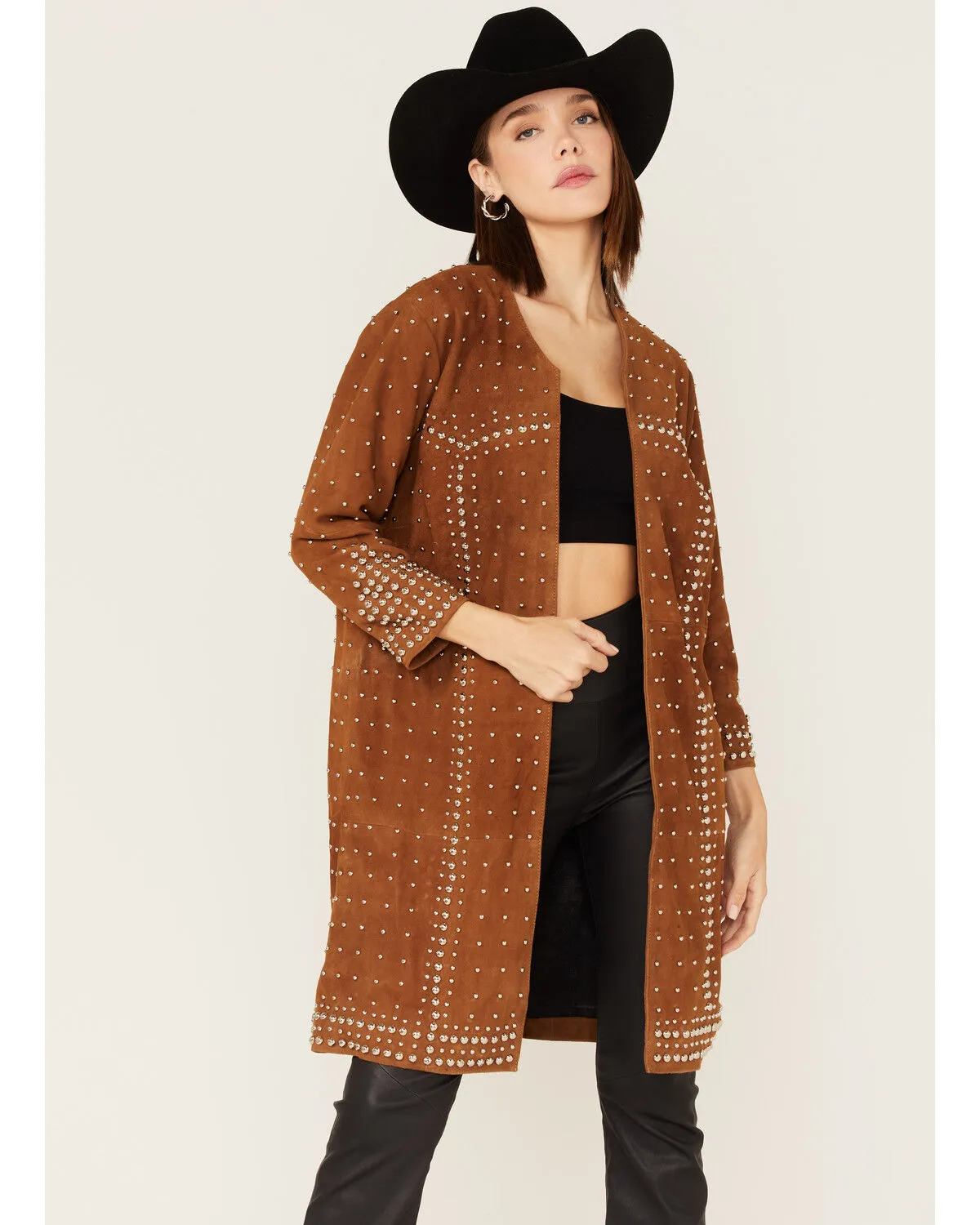 Understated Leather Studded Suede Duster Coat