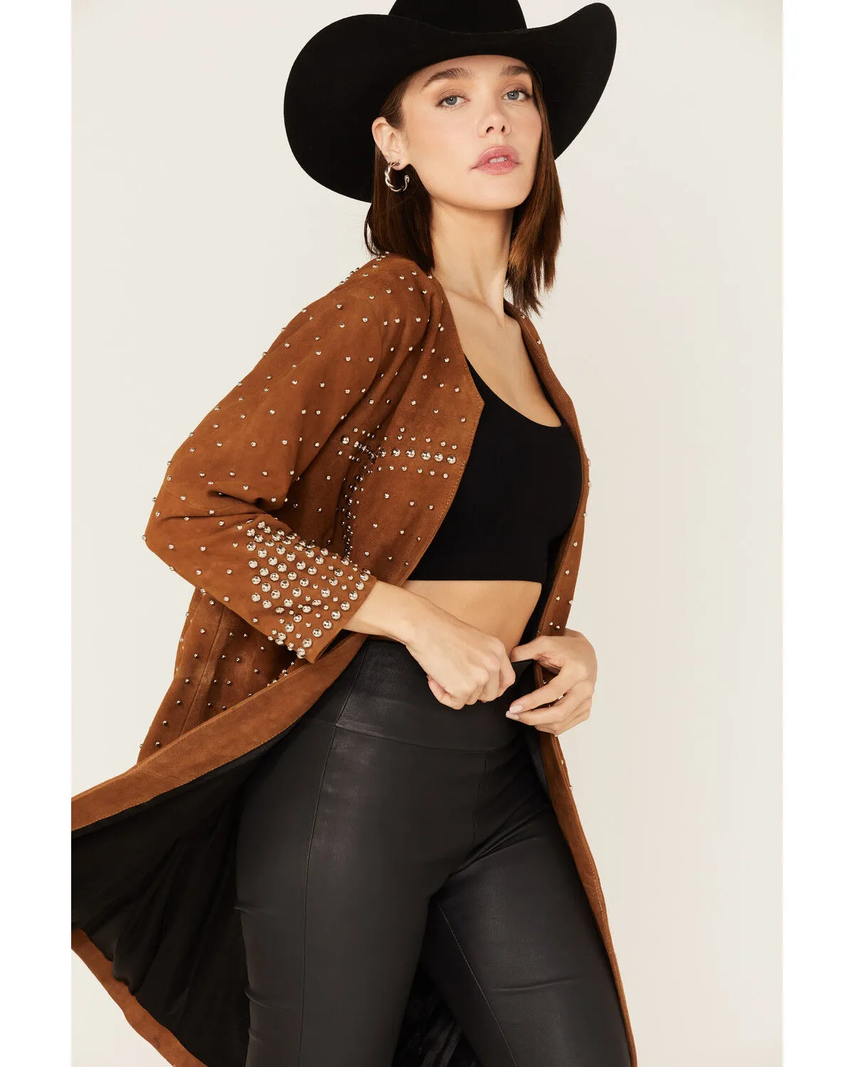 Understated Leather Studded Suede Duster Coat