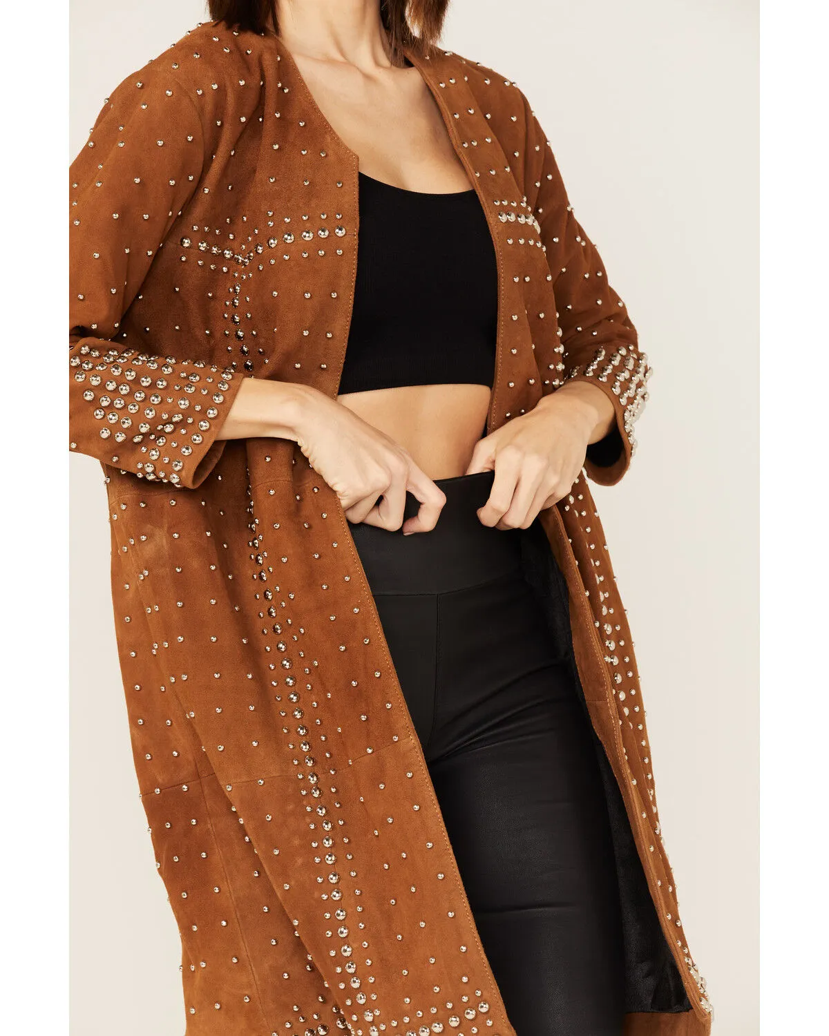 Understated Leather Studded Suede Duster Coat