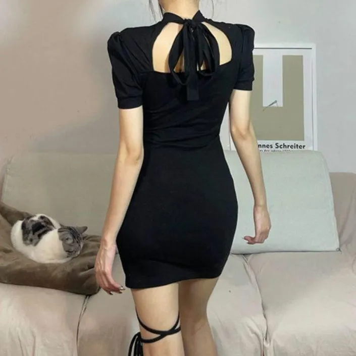 Vintage Bandage Sexy Dress Hollow Out Short Sleeve Dress