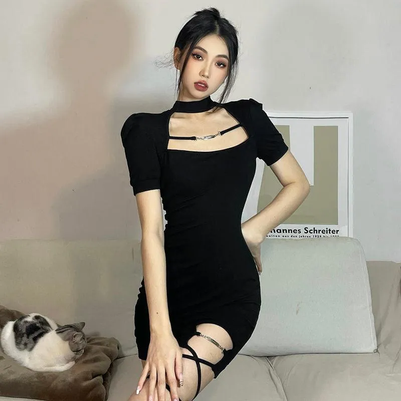 Vintage Bandage Sexy Dress Hollow Out Short Sleeve Dress