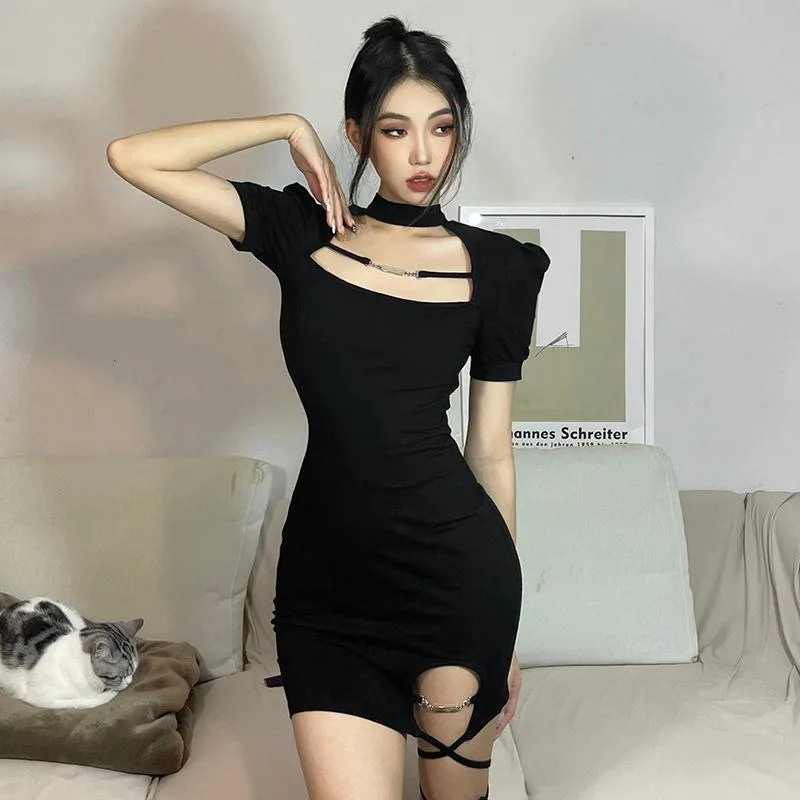 Vintage Bandage Sexy Dress Hollow Out Short Sleeve Dress