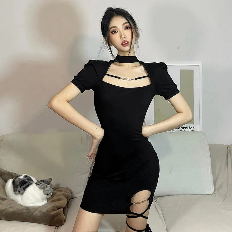 Vintage Bandage Sexy Dress Hollow Out Short Sleeve Dress