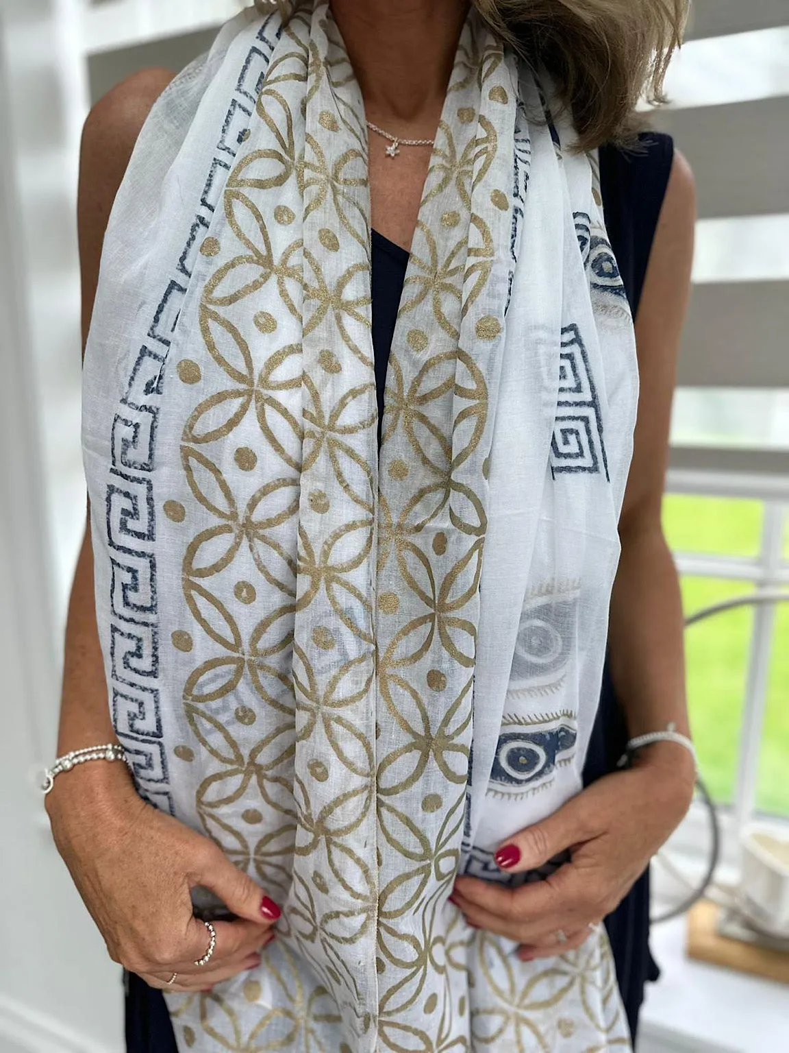 White Greek Key Metallic Geometric Pattern Scarf