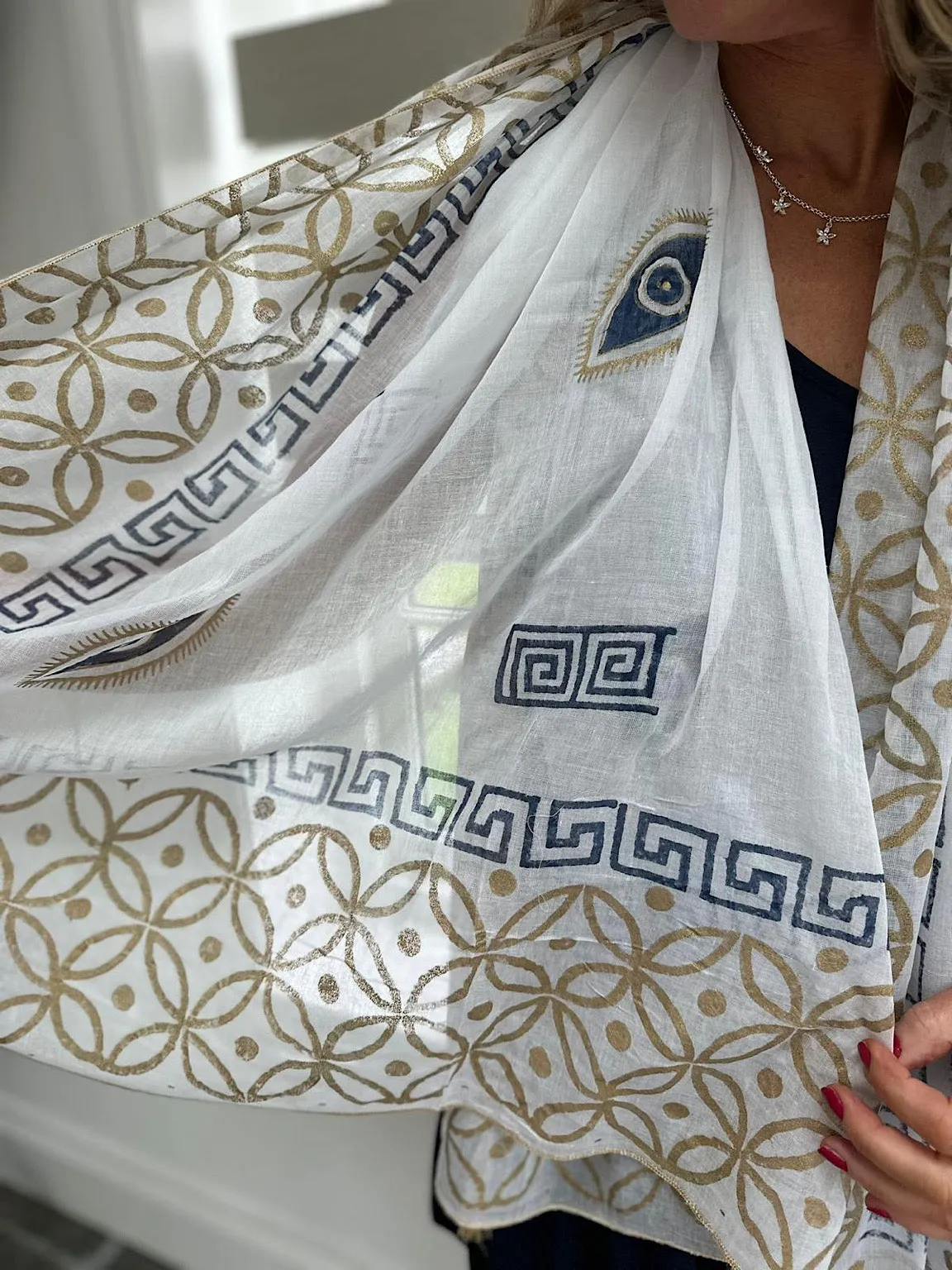 White Greek Key Metallic Geometric Pattern Scarf