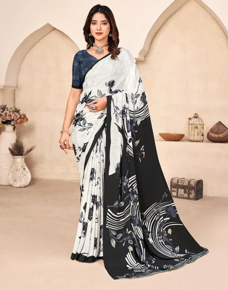 White Silk Printed Sarees