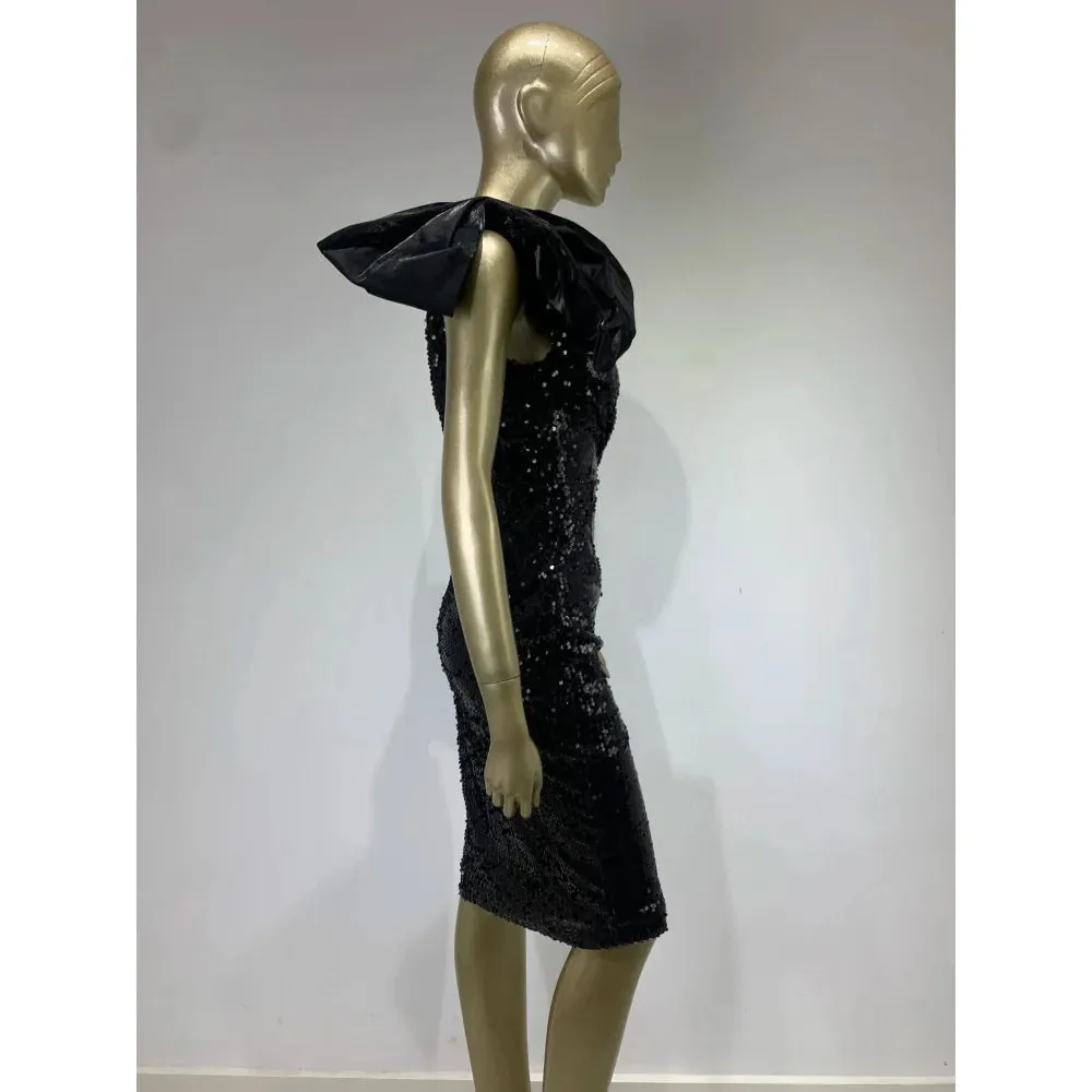 Women's Black Sexy Mesh Sequins One-Shoulder Bodycon Dress