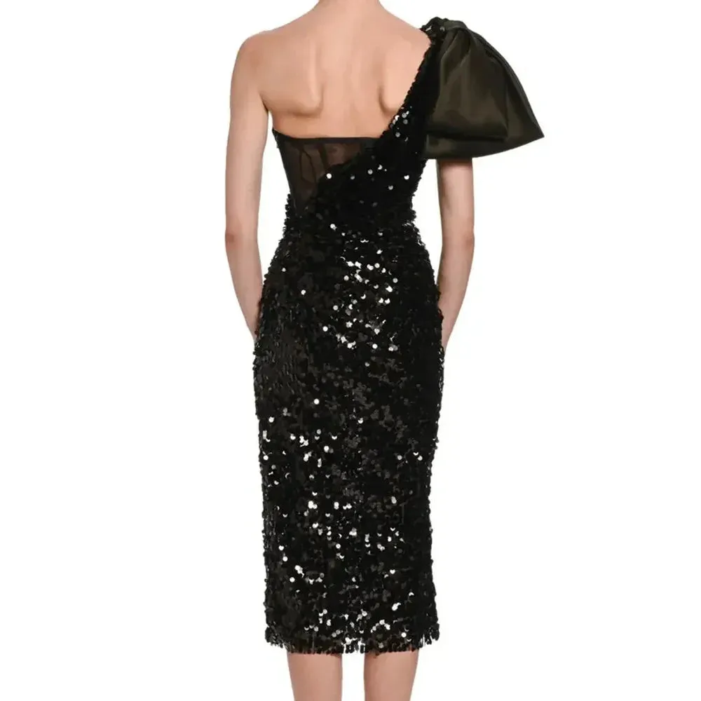 Women's Black Sexy Mesh Sequins One-Shoulder Bodycon Dress