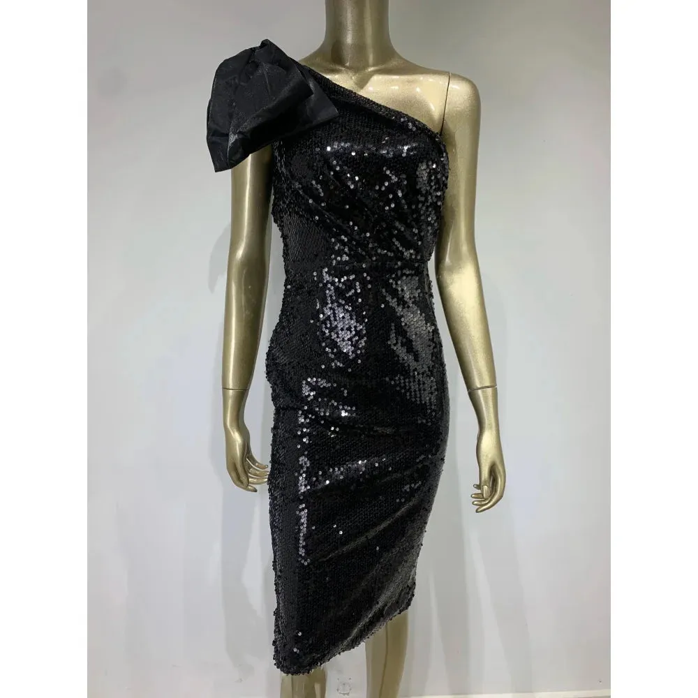 Women's Black Sexy Mesh Sequins One-Shoulder Bodycon Dress