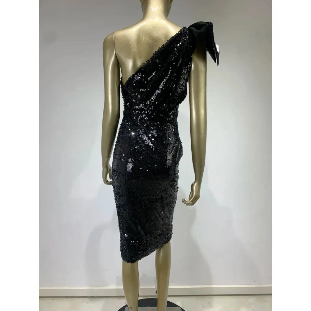 Women's Black Sexy Mesh Sequins One-Shoulder Bodycon Dress