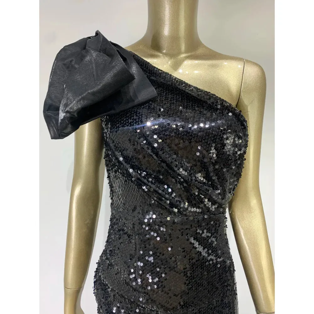 Women's Black Sexy Mesh Sequins One-Shoulder Bodycon Dress