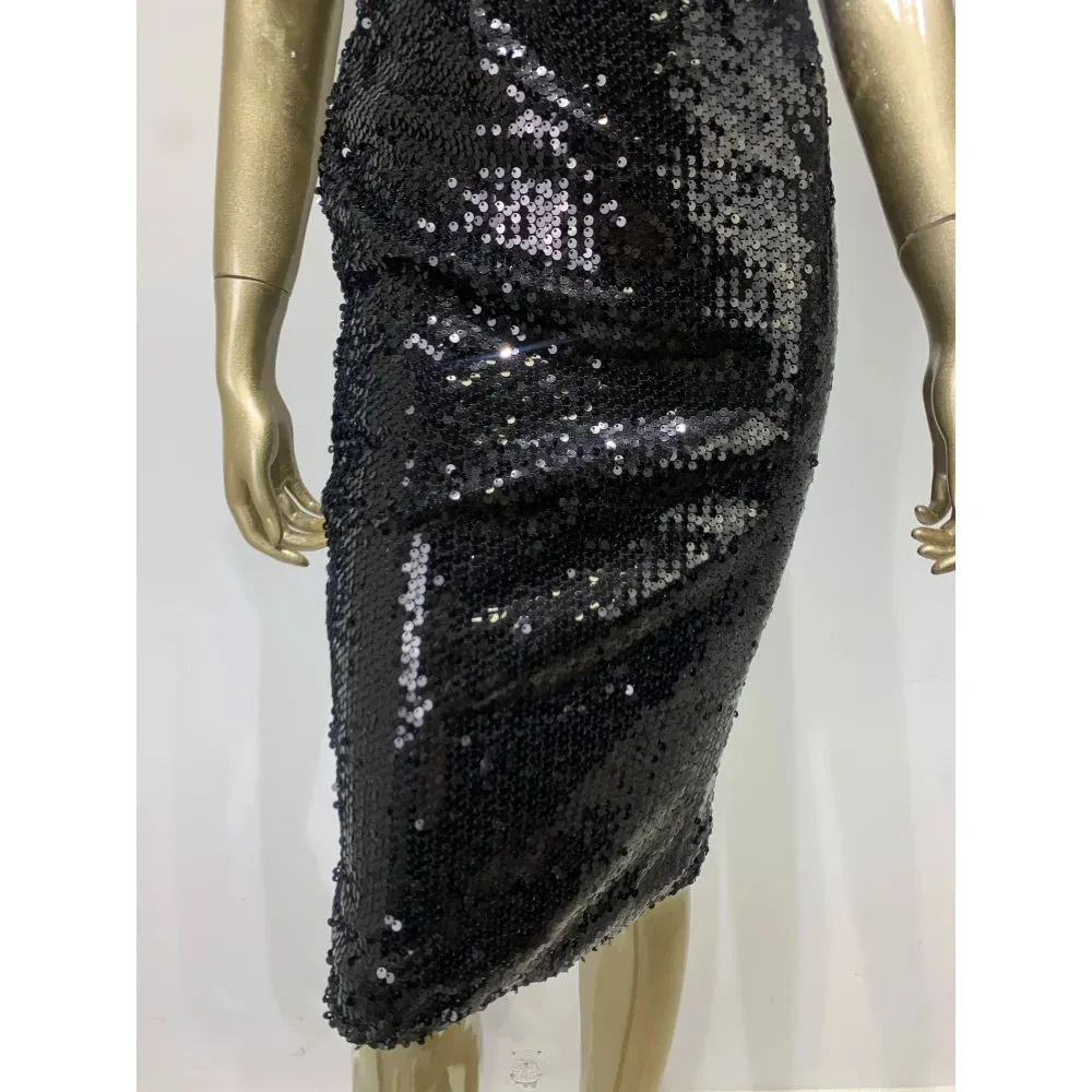 Women's Black Sexy Mesh Sequins One-Shoulder Bodycon Dress