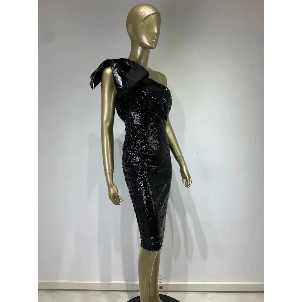 Women's Black Sexy Mesh Sequins One-Shoulder Bodycon Dress