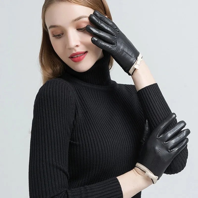 Women's Fashion Winter Warm Genuine Goatskin Wool Lining Soft Gloves