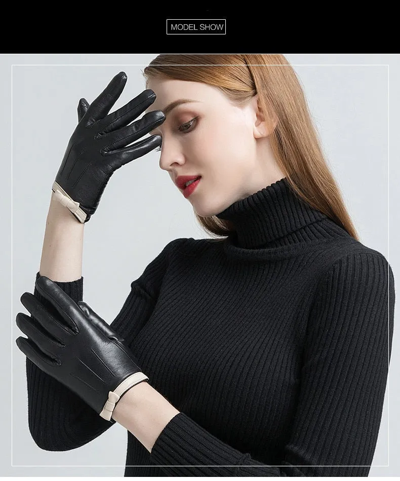 Women's Fashion Winter Warm Genuine Goatskin Wool Lining Soft Gloves