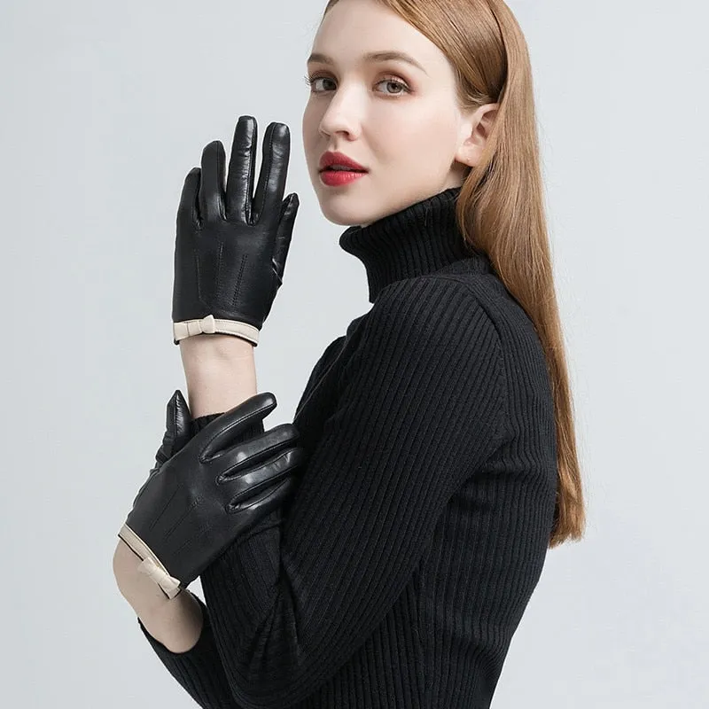 Women's Fashion Winter Warm Genuine Goatskin Wool Lining Soft Gloves