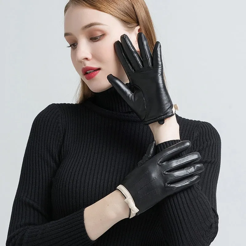 Women's Fashion Winter Warm Genuine Goatskin Wool Lining Soft Gloves